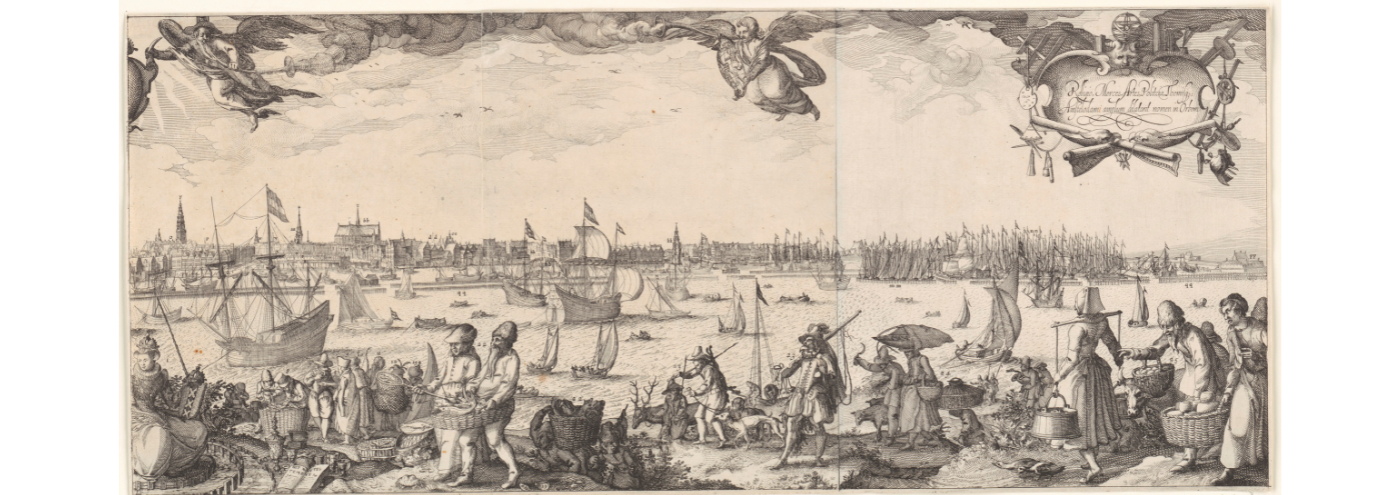 17e eeuwse prent van Amsterdam gezien vanaf het IJ