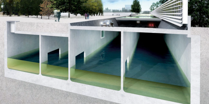 Schematische weergave van een wateropslag onder museumplein Rotterdam