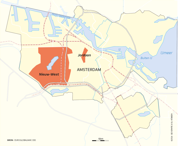 Kaart van Amsterdam met de wijken Nieuw-West en Jordaan