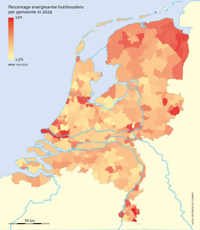 Kaart met percentage energiearme huishoudens per gemeente, opvallend hoog percentage in Noord-Oost Groningen