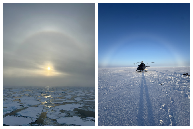 Twee fotos: links kringen om de zon, rechts mistboog achter de helikopter