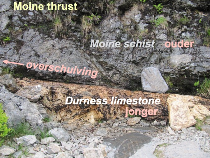 Foto met tekst van de overschuiving van de Moine Schist (ouder) over de Durness Limestone (jonger) lagen