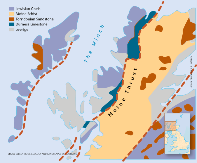 Geologische kaart van Schotland met vier verschillende lagen aan het oppervlak
