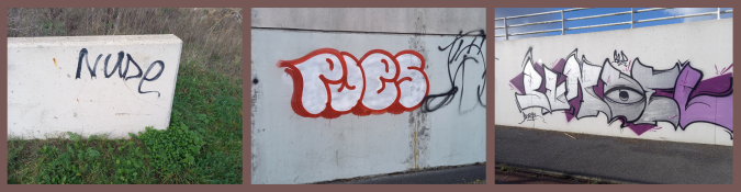 Drie fotos van graffiti, een tag, een throw-up en een masterpiece