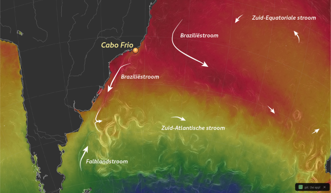 Kaart met de zeewatertemperatuur aan de oostkust van Zuid-Amerika in januari
